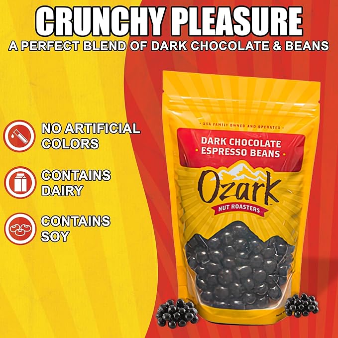 OZARK NUT ROASTERS Dark Chocolate Espresso Beans Coffee-Flavored Snacks World-Class Gourmet Dark Chocolate Coffee Beans 14 oz Pack of 1