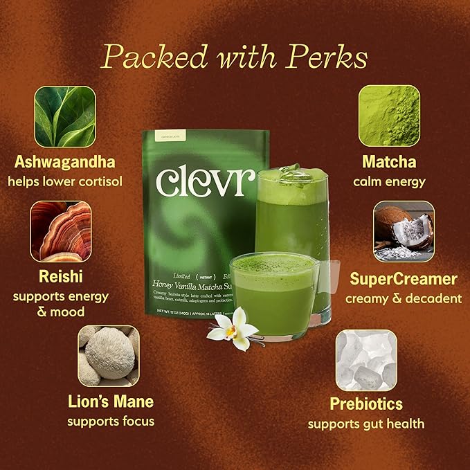 Clevr Honey Vanilla Matcha SuperLatte Instant Ceremonial Grade Superfood Powder Blend Oat Milk Lions Mane Reishi Mushroom Coconut Cream Ashwagandha Serve Hot or Iced (14 Lattes)