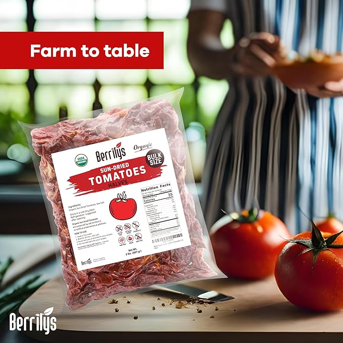 Sun-Dried Tomatoes 2 LBS USDA Organic Berrilys No Sulfur No Preservatives Seasalt is used as natural preservative Raw Non-GMO Great Ingredient for Baking and Cooking