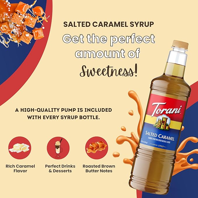 Torani Salted Caramel Flavoring Syrup 1 Liter Bottle with Pump Dispenser – Coffee Syrup for Lattes Teas Cocktails &amp Desserts – Premium Quality Flavored Syrup