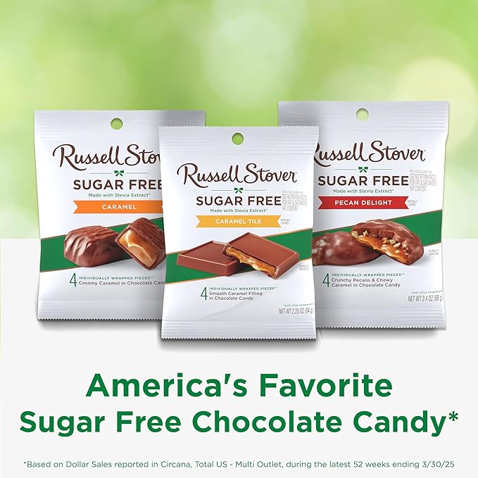 RUSSELL STOVER Sugar Free Caramel Chocolate Candy Tiles 2.25 oz. bag (Pack of 10)