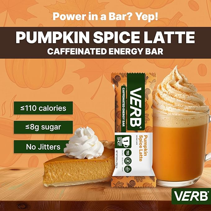 Verb Caffeinated Energy Bars Pumpkin Spice Latte (26g Pack of 16) 110-Calorie Delicious Low Sugar Energy Bar - Gluten Free On-the Go Snack with 80mg Green Tea Caffeine Only Real-Food Ingredients