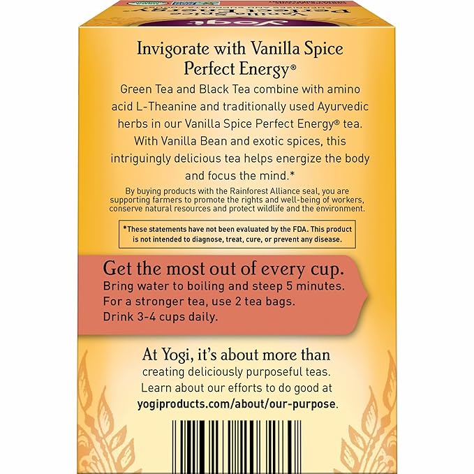 Yogi Tea Vanilla Spice Perfect Energy Tea - 16 Tea Bags per Pack (6 Packs) - Organic Vanilla Energy Tea - Focus Tea - Includes Green Tea Black Tea Ashwagandha L-Theanine &amp More