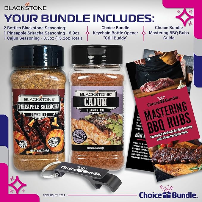 Blackstone Pineapple Sriracha &amp Cajun Seasoning – Gourmet Griddle Premium BBQ Barbecue Rub 2 Pk Choice Bundle (15.2 oz) + BBQ Guide &amp Bottle Opener (4 Items)!