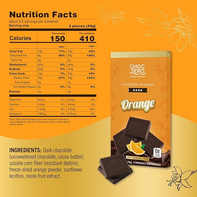 ChocZero Dark Chocolate Orange Squares Sugar Free Vegan Low Carb High Fiber Keto Friendly No Sugar Alcohols (4 Count 3.2oz Boxes)
