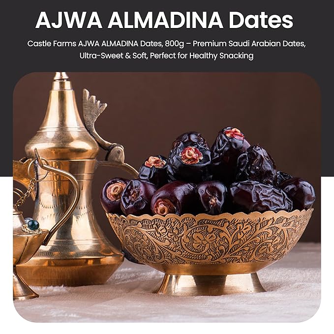 AJWA ALMADINA Dates - Premium Quality Saudi Arabian - Naturally Sweet &amp Soft - Halal - Fresh and Dried - Perfect for Ramadan - Healthy Lifestyle - 800g