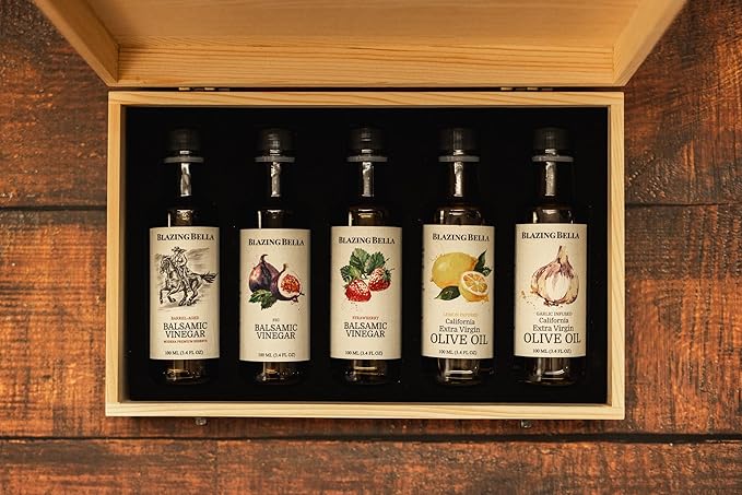 Blazing Bella Chef’s Set – Balsamic Vinegar and Olive Oil Set – Barrel-Aged Balsamic from Modena Italy &amp Cold-Pressed California Olive Oils – 5 Essential Flavors – 100ml Bottles