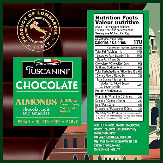 Tuscanini Dark Chocolate Variety Pack – 4 Flavors 3.5oz Bars | Imported from Italy | Vegan Gluten Free Dairy Free | Dark &amp Smooth Almond Cacao Nibs 76% Extra Dark | Gourmet European Chocolat