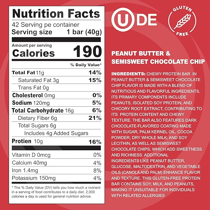 Kirkland Peanut Butter &amp Semisweet Chocolate Chip Protein Bars – 10g Protein Gluten Free Kosher 42 Count 1.41 oz Bars Net Wt 59.2 oz