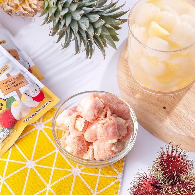 Thappy Fruit Freeze Dried Rambutan Stuffed with Pineapple Delight – No Additives Oil-Free Sugar-Free Tropical Snack 0.53oz (Pack of 12)