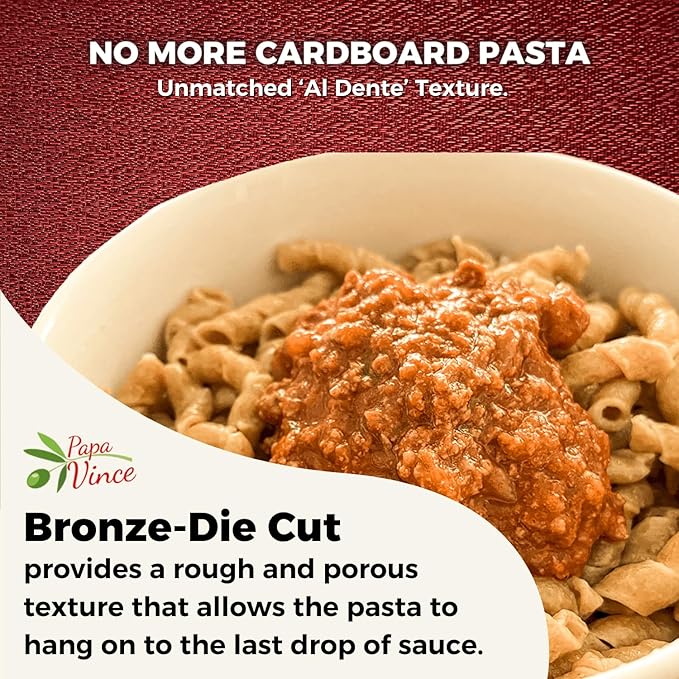 Papa Vince Organic Italian Pasta - Imported Whole Wheat Heirloom Grain from Italy: Non-Enriched Bronze Die-Cut High Fiber Slow Carb Slow-Dried Artisan Busiate Pasta Made in Italy