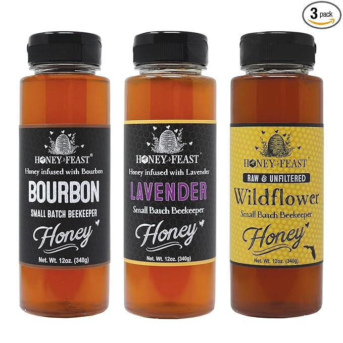 HONEY FEAST Best Sellers Trio - Gourmet Honey Gift Set - Includes 12oz Bourbon Lavender and Wildflower Honey - Ideal for Holiday Gifting