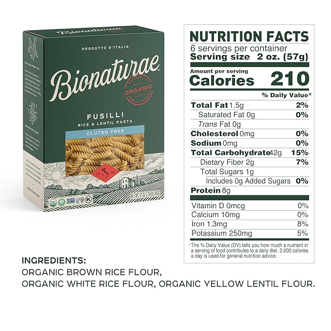 Bionaturae Fusilli Pasta Noodles - Gluten Free Pasta Organic Rice &amp Lentil Pasta Kosher Certified High Protein Non-GMO Fusilli Pasta Organic Crafted in Italy - 12 Oz 12 Pack