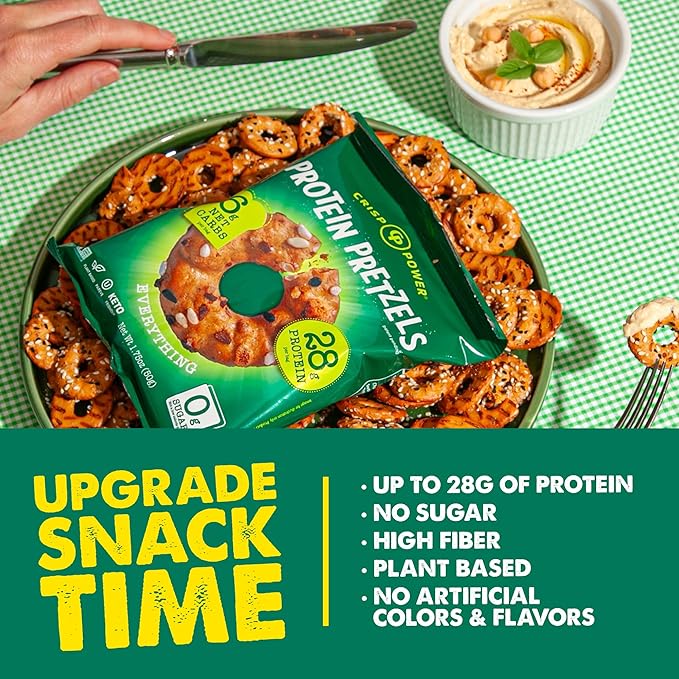 CRISP POWER Protein Pretzels Everything 28G Protein High Protein Snack High Fiber Low Carb Crunchy Pretzel Snacks No Added Sugar 1.75 oz Bags 6 Pack Vegan Keto