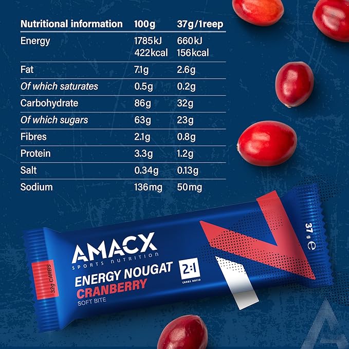 AMACX Energy Nougat Bar for Endurance Athletes – 12 x 37g – Healthy Snacks Fruit and Nut Bars – Sports Nutrition Power Bars – 2:1 Carbohydrates (32g) – Dairy- and Gluten-Free Snack Bars – Cranberry