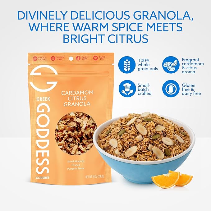 Greek Goddess Gourmet Cardamom Citrus Granola with Almonds Pumpkin Seeds Wildflower Honey Orange Extract 100% Whole Grain Oats &amp Olive Oil – Healthy Gluten Free Granola 10oz (3-Pack)