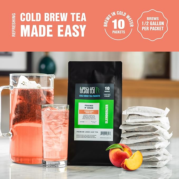Tiesta Tea - Peaches N' Green Cold Brew Loose Leaf Smooth Peach Green Tea Premium Medium Caffeinated Iced Drink Cold Brew Packets Makes 64 oz of Pitcher Per Bag (Pack of 10)