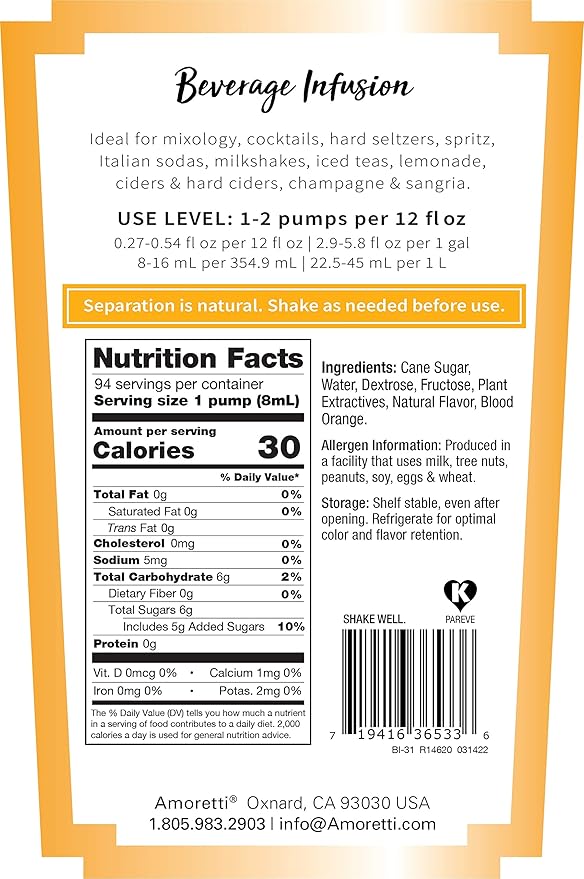 Amoretti - Spicy Blood Orange Beverage Infusion Drink Mix &amp Water Enhancer with Pump for Flavoring Cocktails Waters Tea and other Beverages 94 Servings Per Bottle (750 ml) Preservative Free