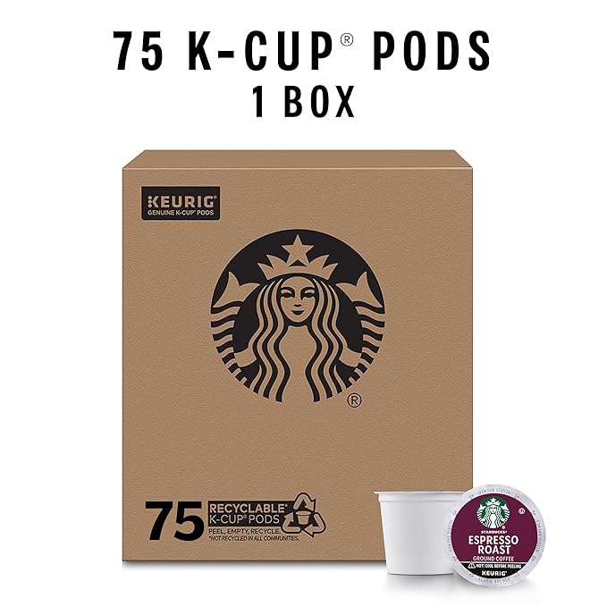 Starbucks K-Cup Coffee Pods Dark Roast Coffee Espresso Roast for Keurig Coffee Makers 100% Arabica 1 Box (75 Pods)