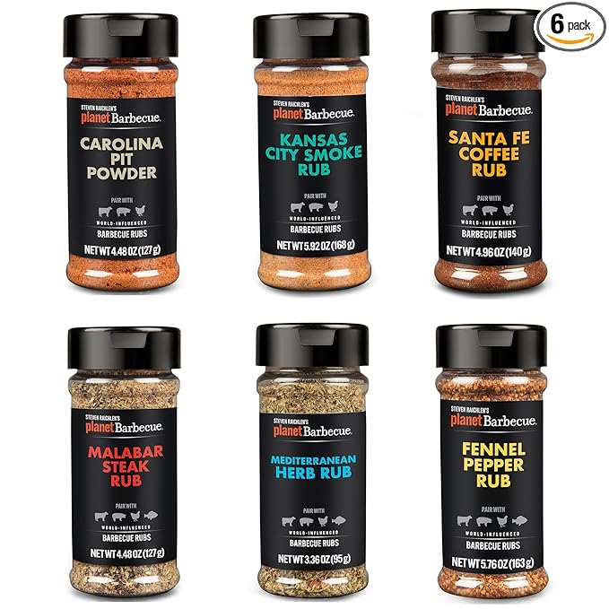 Steven Raichlen's Planet Barbecue Gourmet BBQ Rubs &amp Spices 6 Pack- Grill Seasonings with Worldwide Influenced Flavors- Grilling Gift for Men &amp Women - Valentine's Day Cooking Gift Set Made in