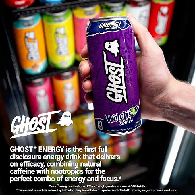 GHOST Energy Drink - 12-Pack Welch's Grape 16oz Cans - Energy &amp Focus &amp No Artificial Colors - 200mg of Natural Caffeine L-Carnitine &amp Taurine - Gluten-Free &amp Vegan