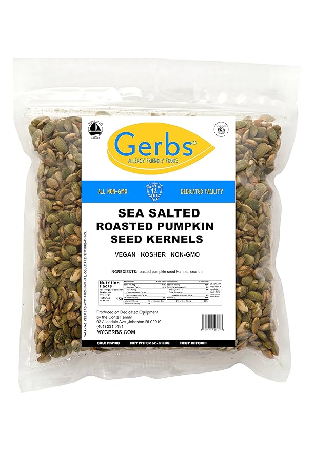 GERBS Sea Salted Pumpkin Seed Kernels 2 LBS|Top 14 Allergy Free Food |Use in salads yogurt baking oatmeal trail mix|Grown in Canada packed in US