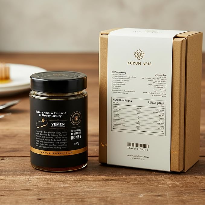 Aurum Apis Raw Yemeni Sidr Honey 100% Raw Unfiltered Pure Honey Hand Harvested Organic Honey Non-GMO Unprocessed Certified Organic Honey from Sidr Tree Blossoms Rich Flavor &amp Aroma Honey Jar