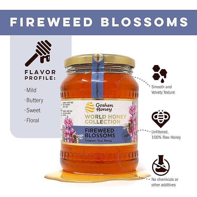 Goshen World Honey Collection - Fireweed Blossoms from the USA Wildlands - Raw Rare and Sustainable Floral Sources - Derived from Natural Flower Nectar with Antioxidants - Nature's Sweetener - 32oz