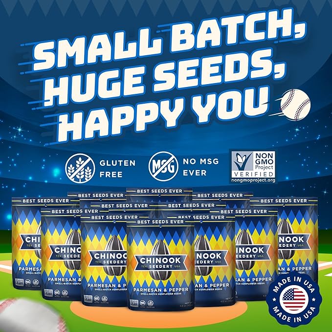 Chinook Seedery Sunflower Seeds to Eat — Jumbo Flavored Roasted Low Sodium Snacks — Keto Friendly Gluten-Free Non-GMO — Parmesan &amp Pepper Flavor 4 oz (12-Pack)