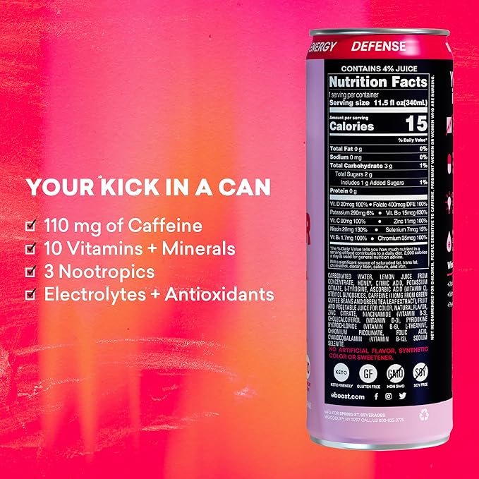 EBOOST SUPER FUEL Healthy Energy Drink - Strawberry Lemonade: 12 Healthy Energy Drinks - Focus &amp Productivity - 110 mg Caffeine + Nootropics &amp Electrolytes - No Sucralose Taurine Artificial