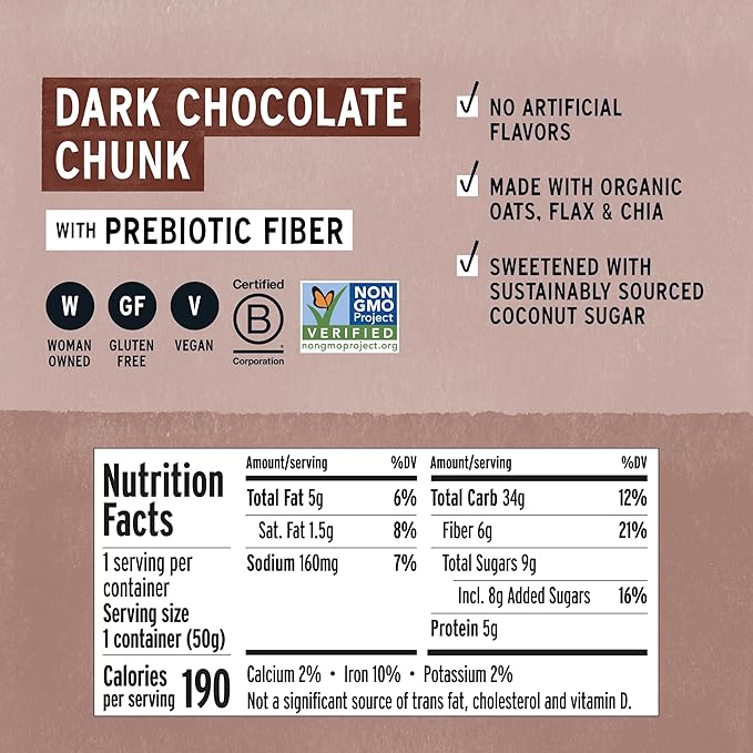 Purely Elizabeth Superfood Oatmeal Cup with Prebiotic Fiber Dark Chocolate Chunk Vegan Friendly Organic Gluten Free &amp Non-GMO 1.76 Ounce (Pack of 12)