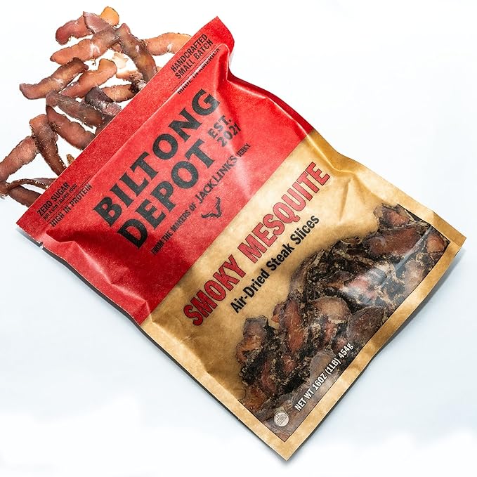 Biltong Depot Smoky Mesquite Biltong Slices - 1lb (16oz) | Air-Dried Beef Jerky Snack | High Protein | Paleo and Keto friendly | Zero Sugar | Gluten Free | No Artificial Preservatives | No MSG