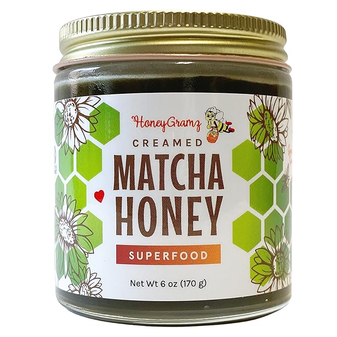 HoneyGramz Raw Unfiltered Superfood Creamed Honey - Organic Matcha Turmeric Ginger Cinnamon Chocolate and Garlic. Small Batch Handcrafted and Unprocessed - Rich in Nutrients and Beneficial Enzym