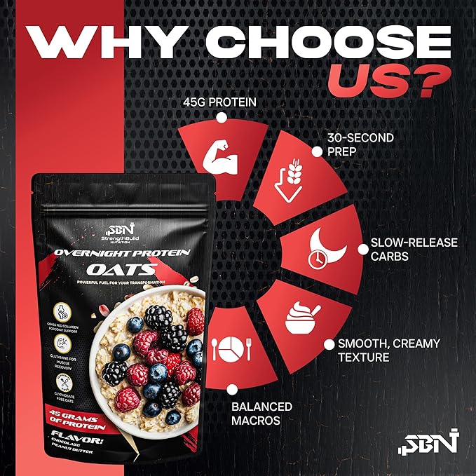 StrengthBuild Overnight Protein Oats – 45g Protein Muscle-Building Oatmeal – Clean Ingredients – Peanut Butter Chocolate – 8 Pouches
