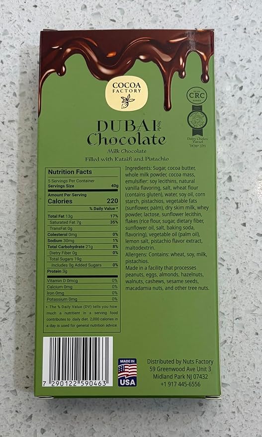 Kosher Dubai Chocolate Bar Filled with Kataifi and Pistachio (Milk Chocolate)