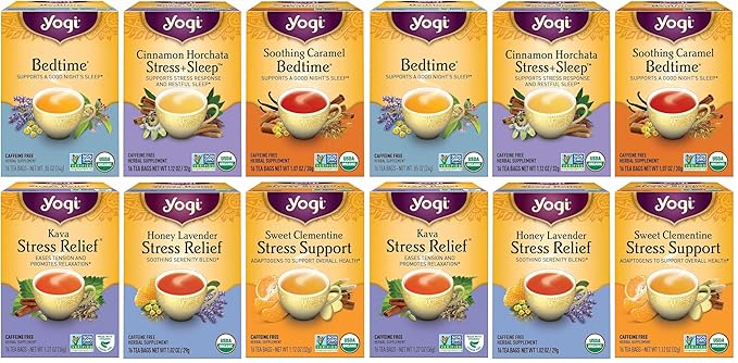 Yogi Tea Stress Relief &amp Herbal Tea Variety Pack - 16 Bags per Pack (12 Packs) - Organic Herbal Sampler - Includes Bedtime Kava Stress Relief Soothing Caramel Bedtime &amp More