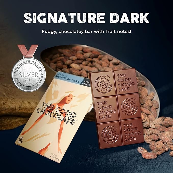 THE GOOD CHOCOLATE - Mini Signature Dark Chocolate Bars with Zero Sugar &amp Lower Net Carb - Keto Chocolate Bar Offers Lower Calorie Chocolate Candy - All Natural Non-GMO (Pack of 10)