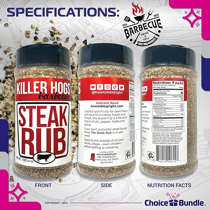 Killer Hogs Steak Rub Premium BBQ Barbecue Spice Seasoning 4 pk (44 oz) + Guide &amp Bottle Opener (6 Items)!
