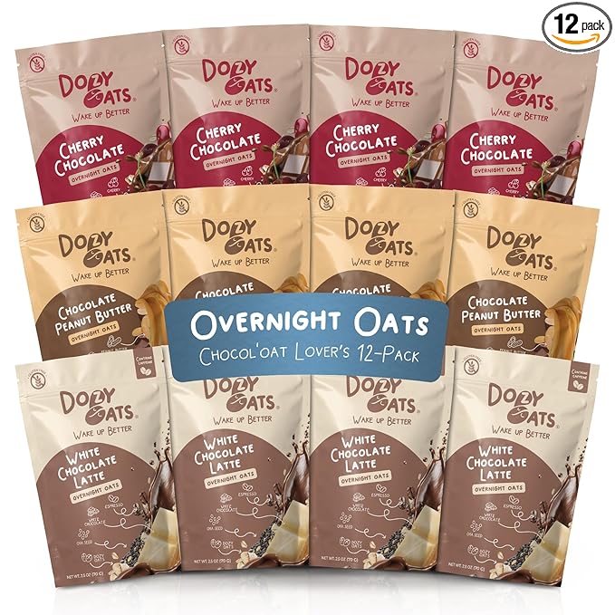 Dozy Oats Overnight Oatmeal Packets Chocol'oat Lover’s Variety Box with Rolled Oats Chia Seeds and Date Powder. Gluten-Free Natural Source of Protein and Fiber 12-Pack
