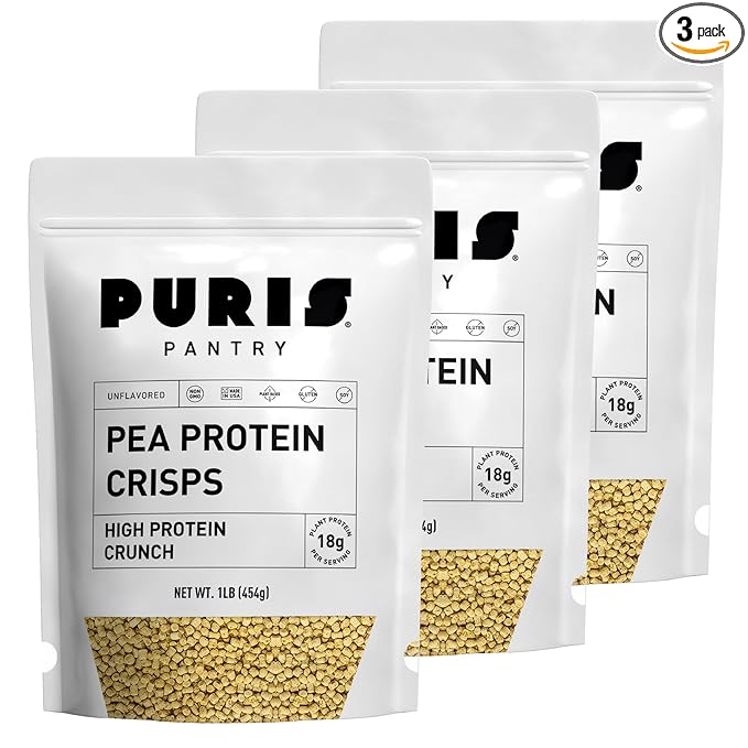 PURIS Pea Protein Crisps – Plant-Based Crunch | 18g Per Serving | Non-GMO Gluten-Free Soy-Free | No Sugar | Clean Label Inclusion for Snacks Bars &amp Baking | Made in USA | Unflavored | 1 lb (3 Pac