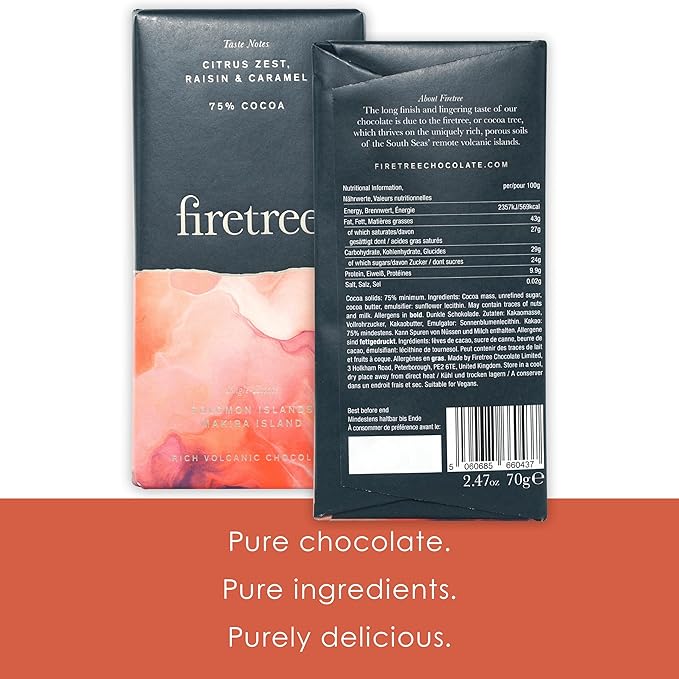 Firetree Solomon Makira Island 75% | Vegan Soy Free Nut Free | 2.3oz Bars 3-Pack