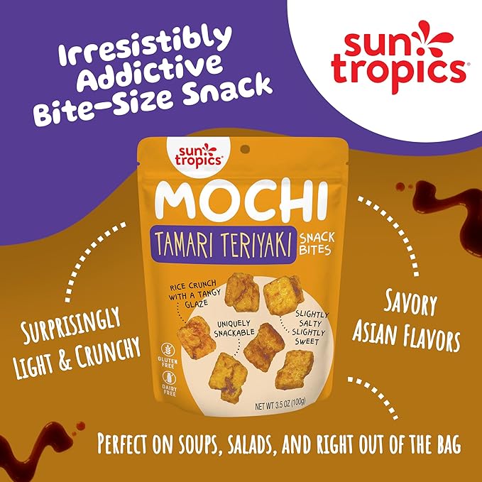 Sun Tropics Mochi Snack Bites Tamari Teriyaki Flavor 3.5 oz (Pack of 6) | Crispy Crunchy Mochi Rice Bites | Gluten Free Dairy Free No MSG Added Asian Rice Snacks