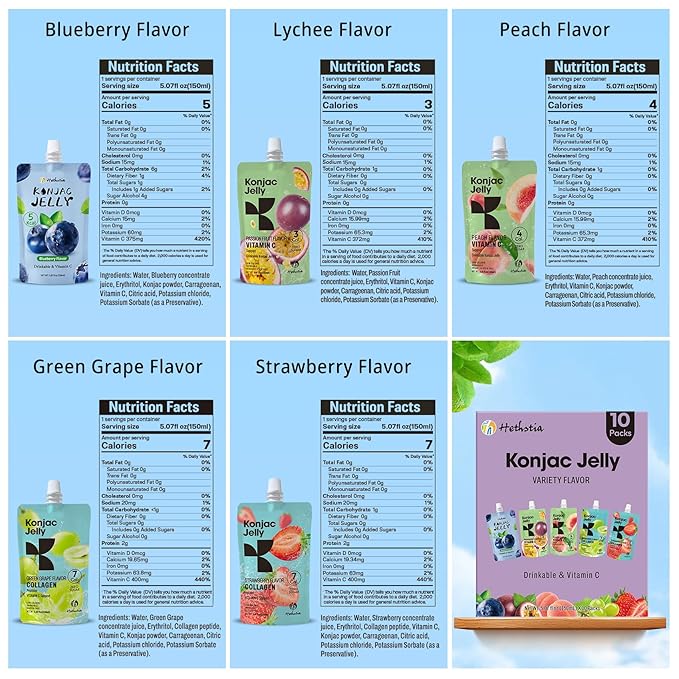 Hethstia High Protein Ramen Soup Chicken Flavor 6-Pack and Konjac Jelly Variety Pack 10 Pouches Drinkable Jelly– Blueberry Peach Passion Fruit Green Grape Strawberry