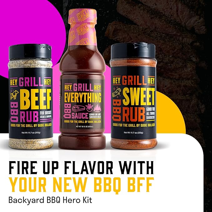Hey Grill Hey | BBQ Seasoning and Barbeque Sauce Gift Set | Seasoning Set | Beef Rub Sweet Rub Everything Barbecue Sauce | Backyard BBQ Hero Trio