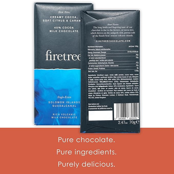 Firetree Solomon Islands Guadalcanal 40% Milk Chocolate 3 Pack - UK Chocolate - Premium Craft Artisanal Direct-Trade Single-Origin Bean-to-bar - Keto Paleo Kosher Halal Soy-Free Gluten-Free