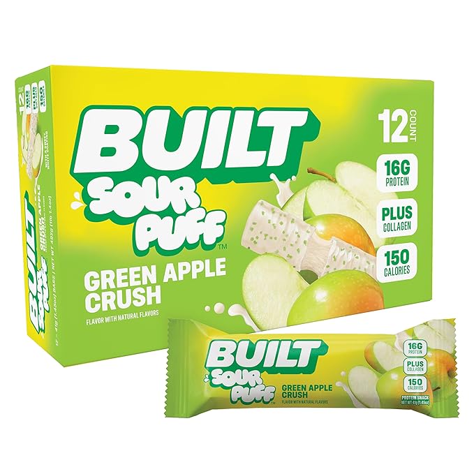 BUILT Bar Sour Puff Protein Bars - Green Apple Crush - 16g Protein Snack Bars with Collagen - Calorie Conscious &amp Gluten Free - 12 Count
