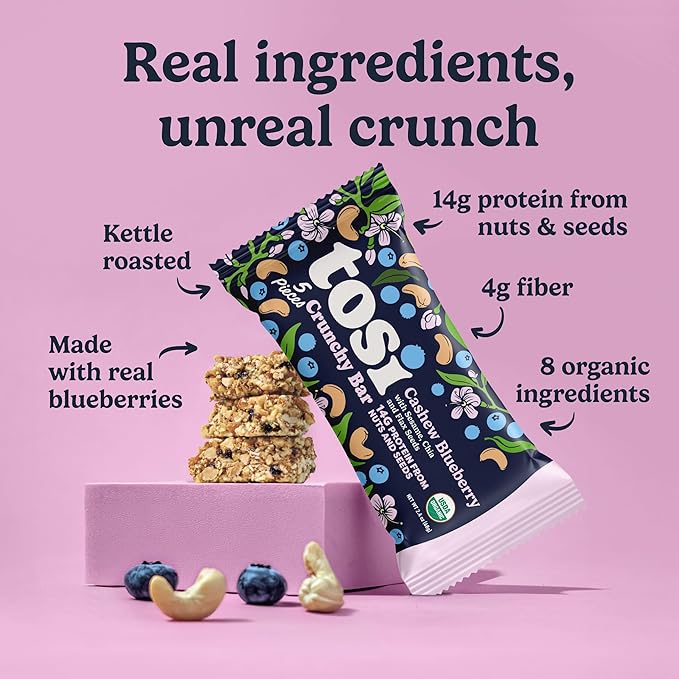 Tosi Meal Nut Bars Cashew Blueberry Healthy Snacks for Adults &amp Kids Crunchy Plant Based Protein Bar (14G) Keto Snacks Vegan Gluten &amp Soy Free Low Sugar Omega 3s 2.4oz 12-Pack
