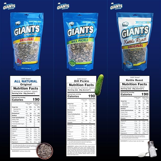 GIANTS Sunflower Seeds Variety Pack - Flavored Sunflower Seeds to Eat Dill Pickle Sunflower Seeds Kettle Roasted Original Flavor 8g Protein Per Serving - 12 oz Bags (Pack of 3)