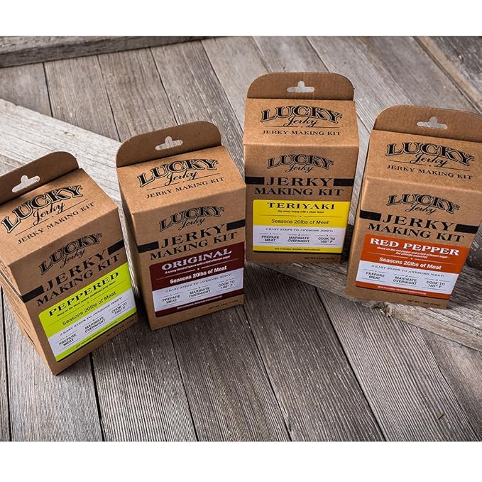 Lucky Jerky DIY Jerky Seasoning and Cure Kit 4 Pack - Original Red Pepper Teriyaki Peppered- Season 80lbs of Meat