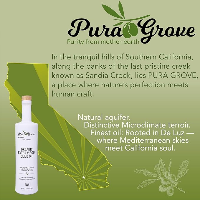 Pura Grove Organic Cold Pressed Extra Virgin Olive Oil Premium Grade - High Polyphenol - Hand Harvested &amp California Grown - 16.9Oz Opaque Glass Bottle 2024 Harvest 2025 Bottled